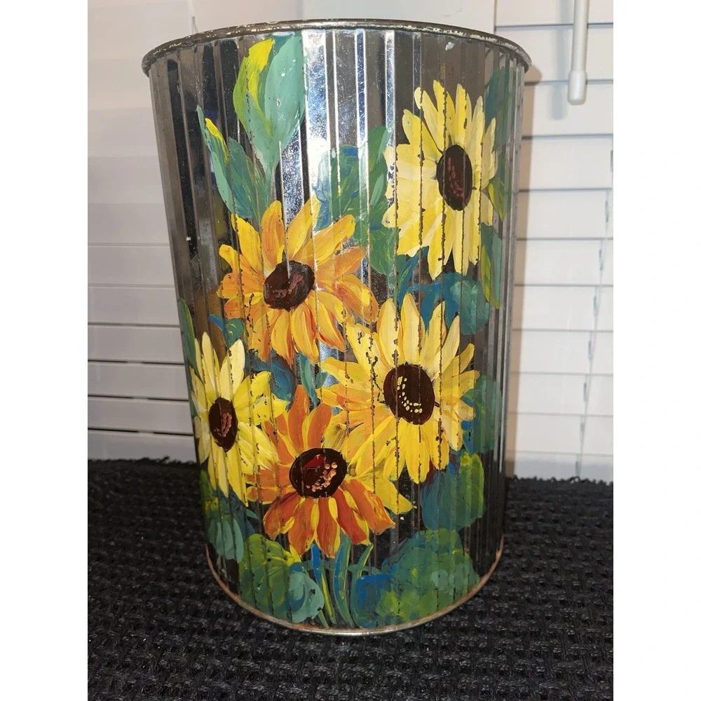 Vintage Hand Painted Tin/metal Trash Can Sunflowers Original Art